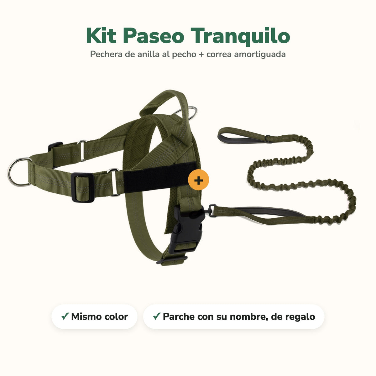 Kit Paseo Tranquilo: pechera de anilla al pecho y correa amortiguada del mismo color