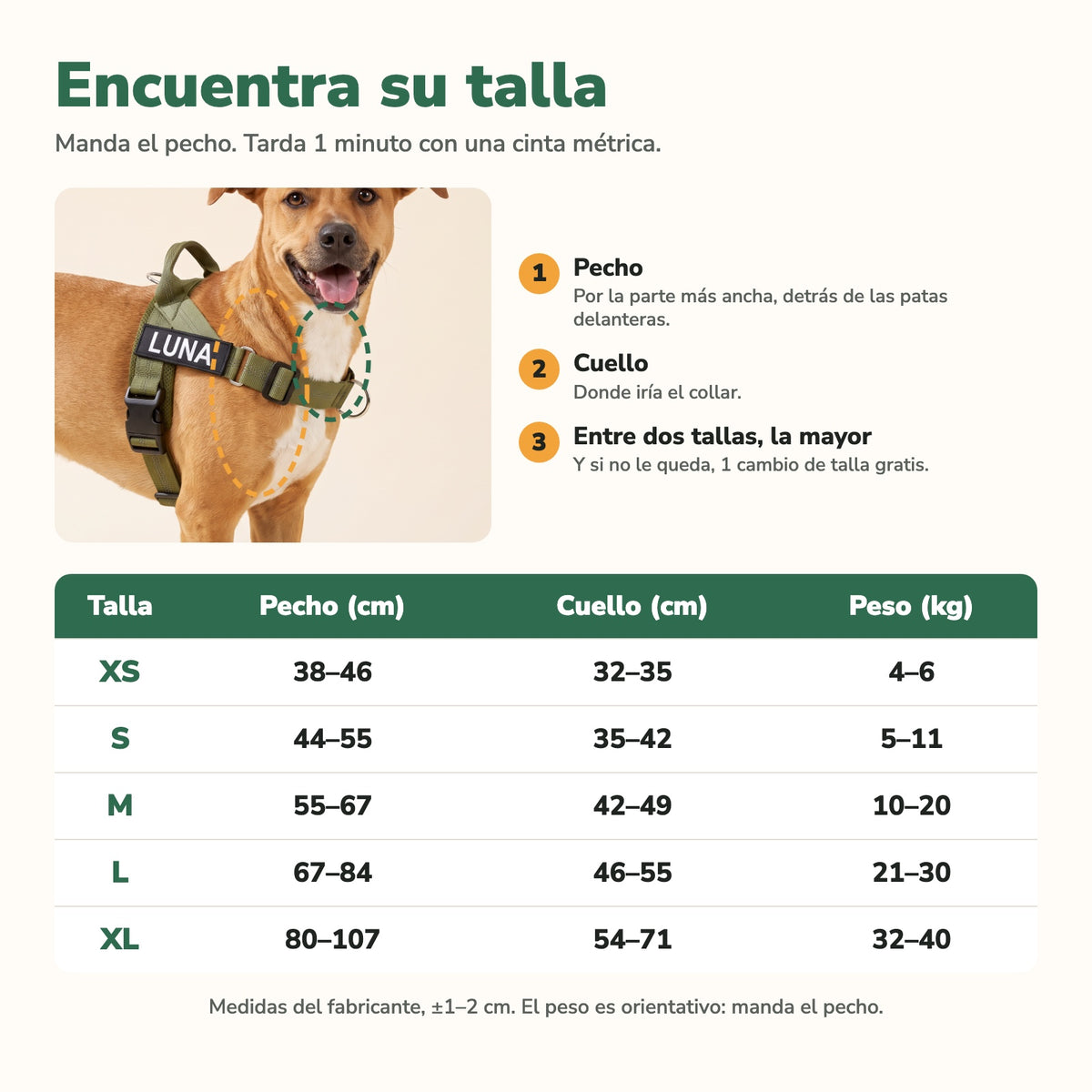 Tabla de tallas de la pechera Andapaw: pecho, cuello y peso